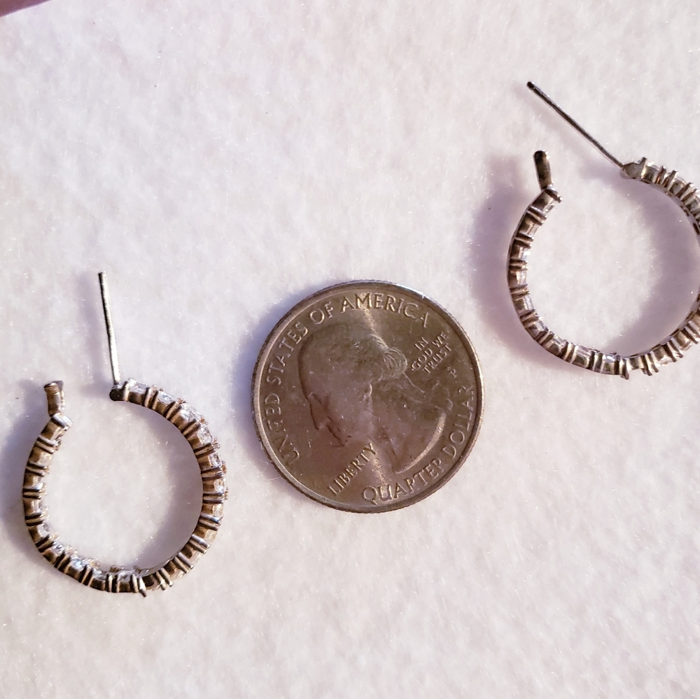 Sterling Silver 925 with Rhinestones Hoops Pierced - Picture 3 of 4